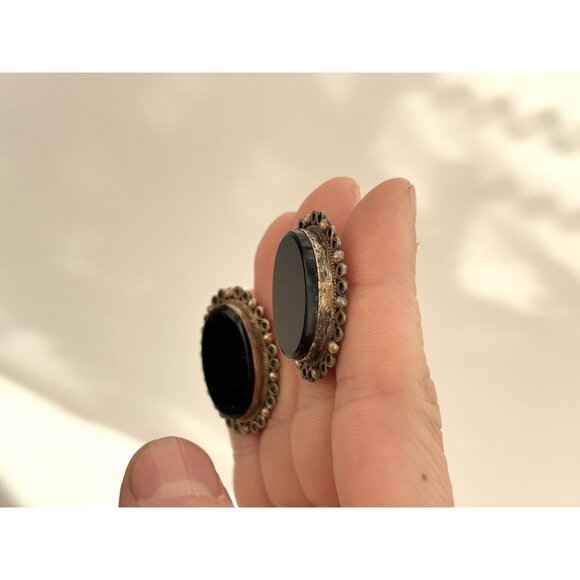 Taxco Mexico Black Onyx Screw Back 925 Sterling Silver Vintage Stud Earrings - Picture 5 of 13